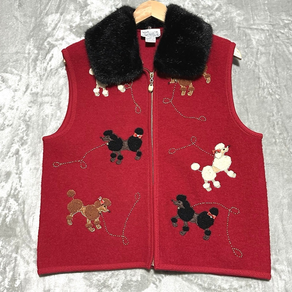Vintage Novelty Sweater Vest Wool Womens Large Red Faux Fur Collar Mixed Media